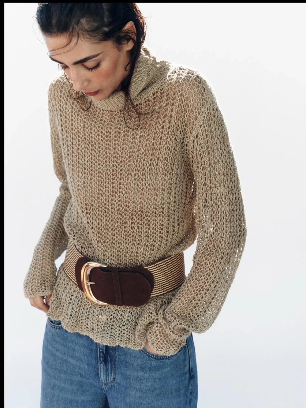 Zara raffia split leather belt